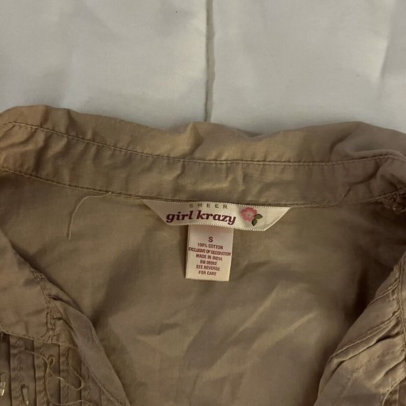 Girl Krazy TAN RUFFLEBUTTON FRONT BEADED EMBROIDED COLLARD V-NECK RUFFLE  SIZE S - Picture 3 of 10